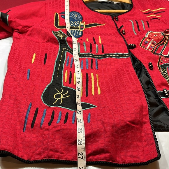 Maggie Barnes RED BIRD artsy button up BLAZER Art to wear,TOTEM pole shapes 3XL - Picture 12 of 16